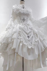 White [Eternal Taboo] Long Hime Sleeves Ruffled Bow Gothic Lolita Skirt Dress Set - Product - 3