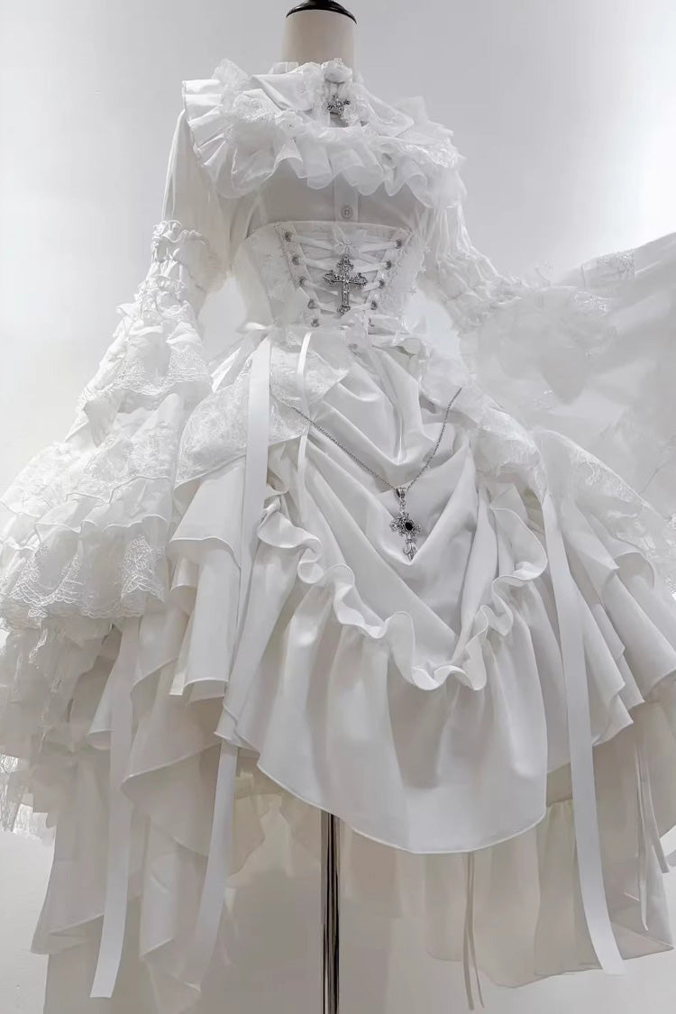 White [Eternal Taboo] Long Hime Sleeves Ruffled Bow Gothic Lolita Skirt Dress Set - Product - 3