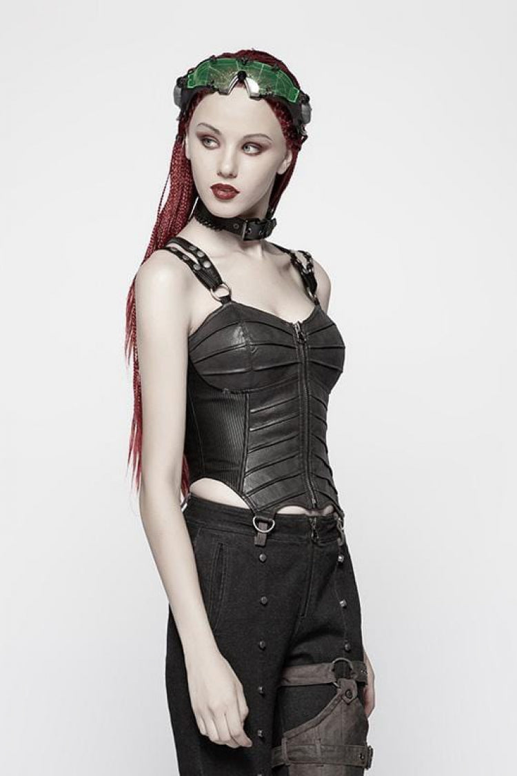 Black Faux Leather Strap Back Print Lace-Up Womens Steampunk Short Corset - Product - 2
