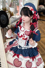 White/Blue/Red [Peach Heart Lilith] Ruffle Bowknot Lace Lace-Up Sweet Lolita Skirt Set - Product - 3