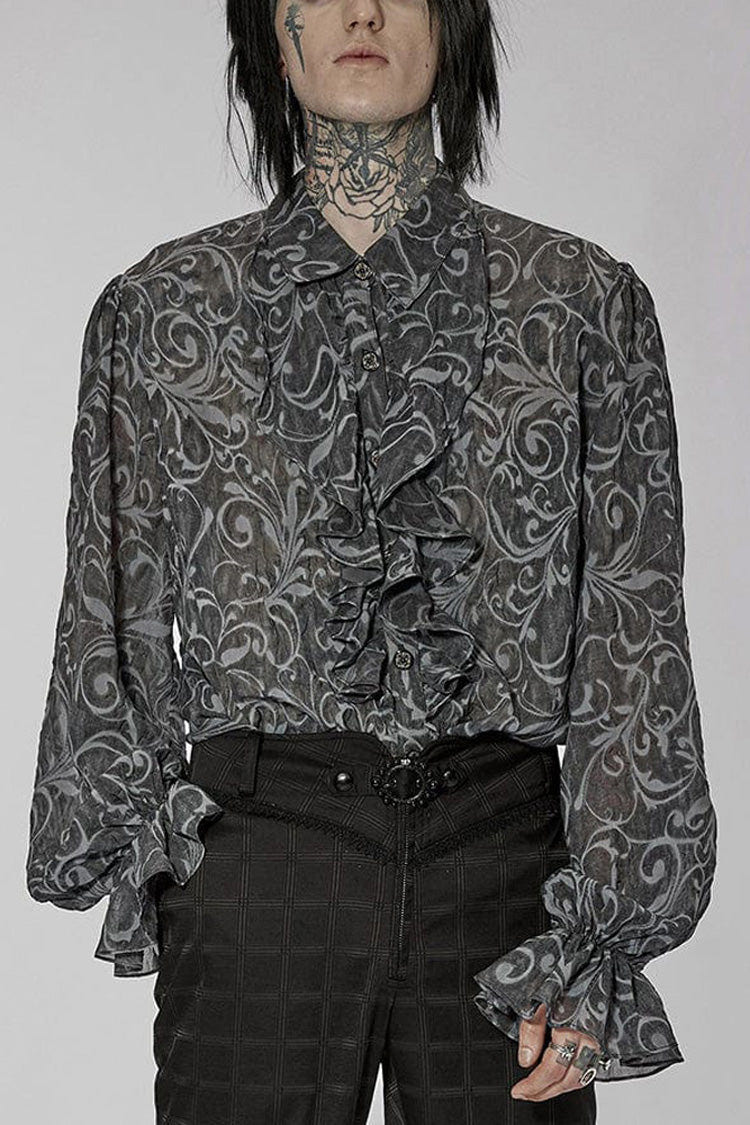 Gray Punk Chiffon Ruffle Stand Collar Wide Brimmed Lantern Sleeves Retro Relief Sculpture Embossing Men's Shirt - Grey - 1