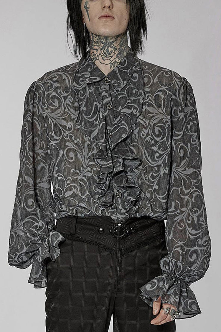 Gray Punk Chiffon Ruffle Stand Collar Wide Brimmed Lantern Sleeves Retro Relief Sculpture Embossing Men's Shirt - Grey - 1