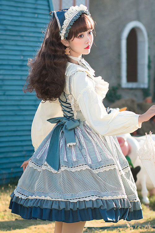 Light Blue Vintage Finches In The Mirror Print Country Style Bowknot Multi-Layer Ruffled Classic Lolita JSK Dress - Product - 4