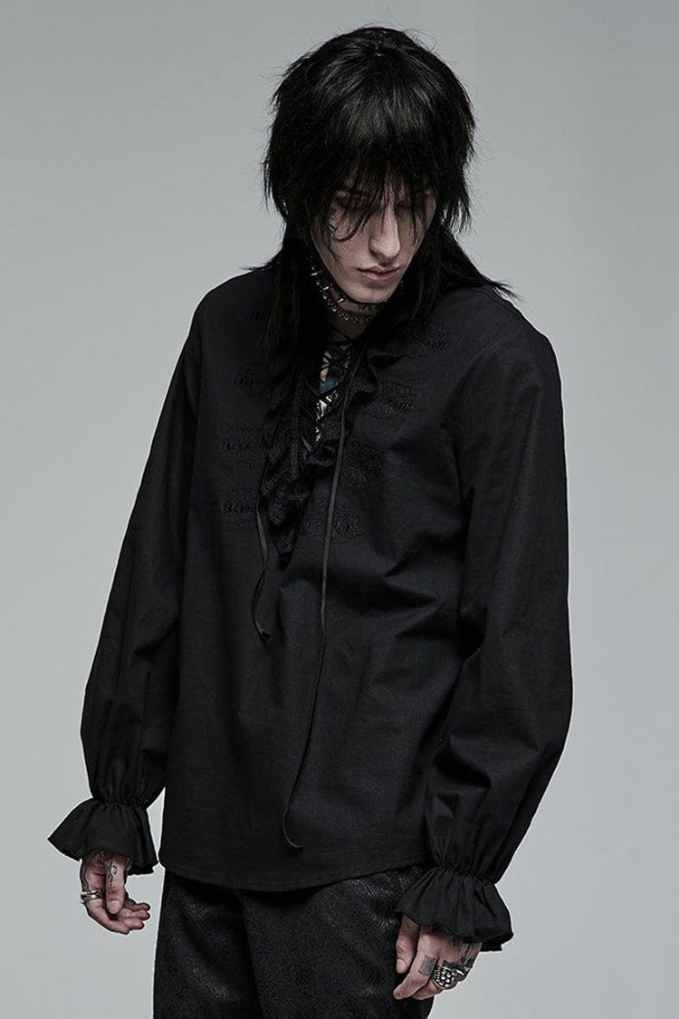 Black Gothic Pure Cotton No Elasticity Neckline Pleats Lace Ruffle Embroidery Tie Rope Design Men's Shirt - Product - 2