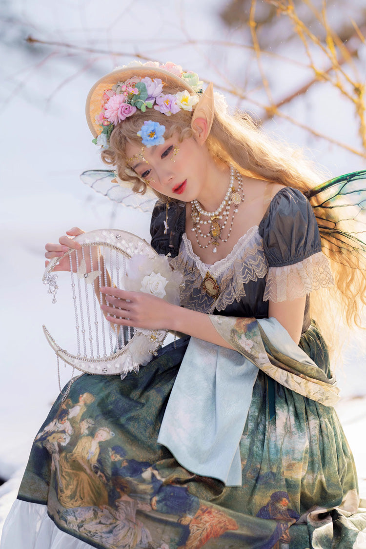Green Short Sleeves Forest Dance Print Ruffle Sweet Elegant Lolita Dress - Product - 2