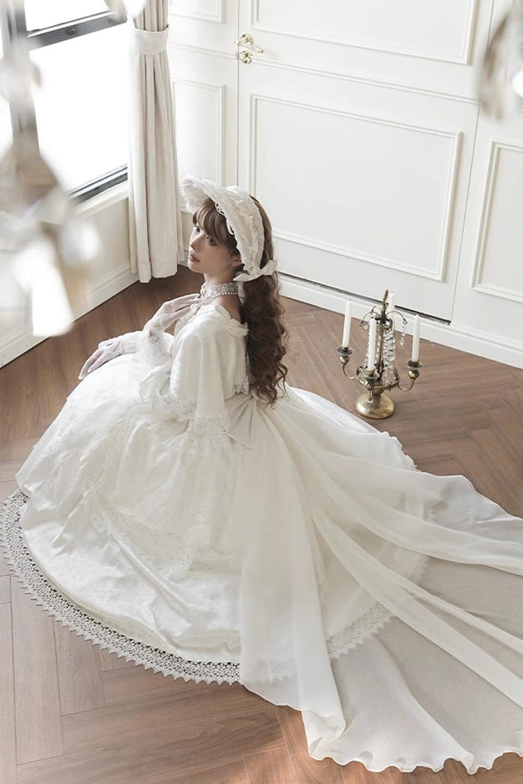 White [Cherish] Long Trumpet Sleeves Ruffle Hanayome Bowknot Lace-Up Sweet Lolita Dress - Product - 9