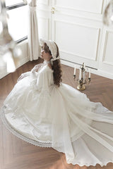 White [Cherish] Long Trumpet Sleeves Ruffle Hanayome Bowknot Lace-Up Sweet Lolita Dress - Product - 9