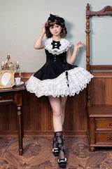 Black/White [Miss Tsundere] Sleeveless Multi-Layered Ruffle Bowknot Lace Asymmetric Sweet Princess Lolita Dress - Product - 4