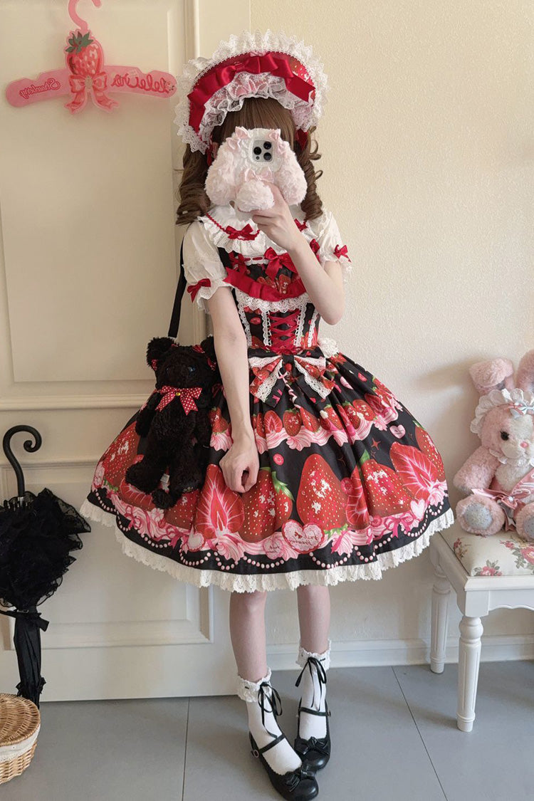 [Sweet Berry Tale] Strawberry Print Ruffle Bowknot Lace Sweet Lolita Jsk Dress 4 Colors - Product - 22
