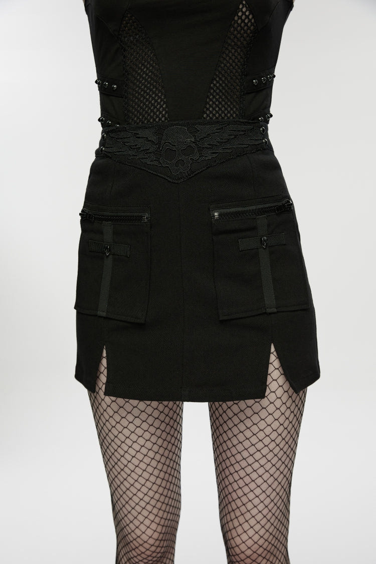 Black Embroidered Zippered Women's Punk Skull Embroidered Cool Big Pocket Skirt - Product - 6