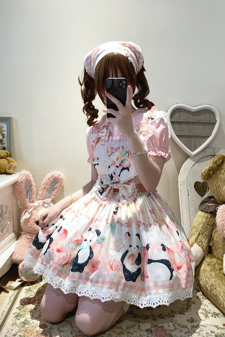 Panda Peach Print Bowknot Sweet Lolita Strap Dress 3 Colors - Product - 7