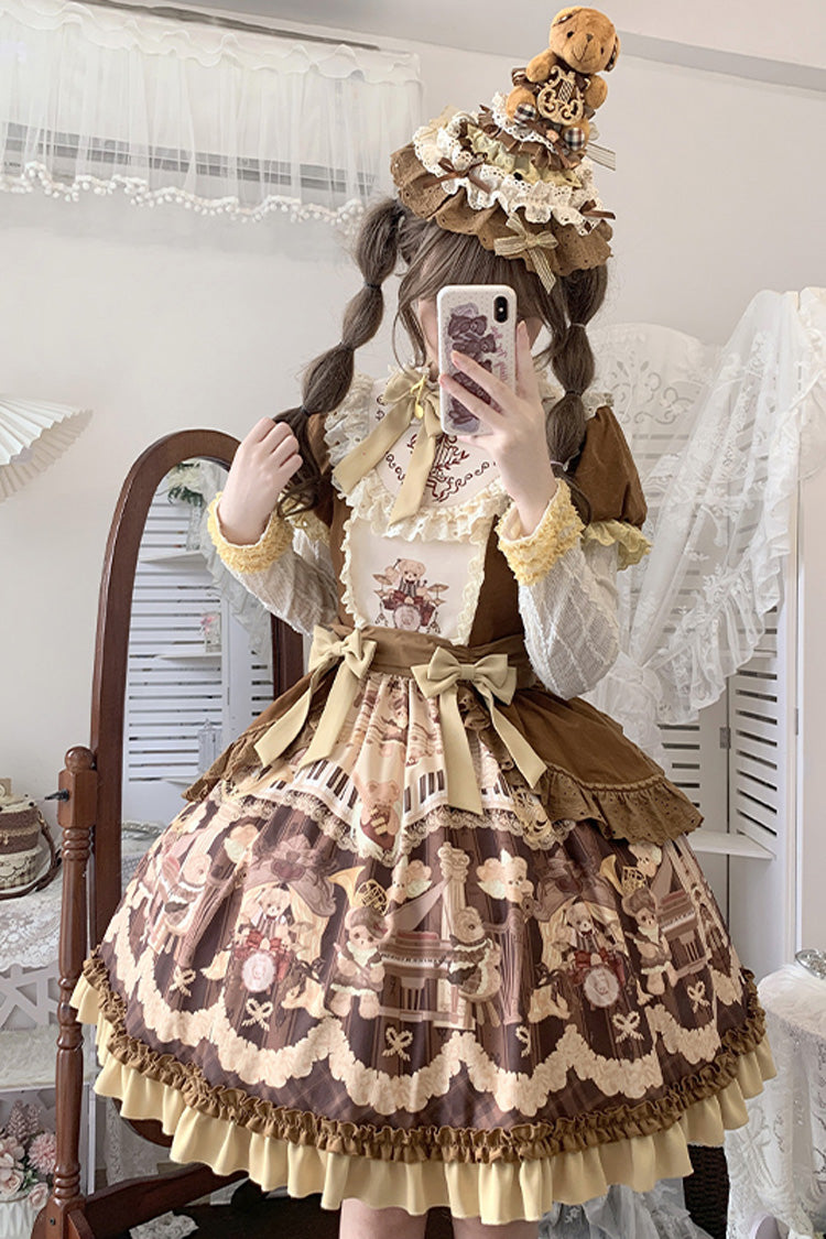 Brown [Little Bear Concerto] Print Ruffle Bowknot Sweet Princess Lolita Dress - Product - 2
