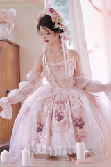 Pink [Rose Window] Print Ruffle Bowknot Lace Sweet Elegant Princess Lolita Jsk Dress - Product - 9