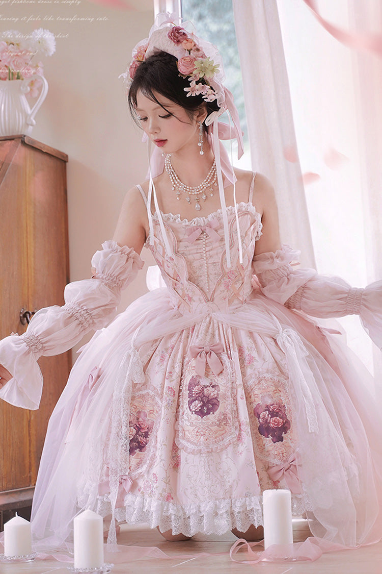 Pink [Rose Window] Print Ruffle Bowknot Lace Sweet Elegant Princess Lolita Jsk Dress - Product - 9