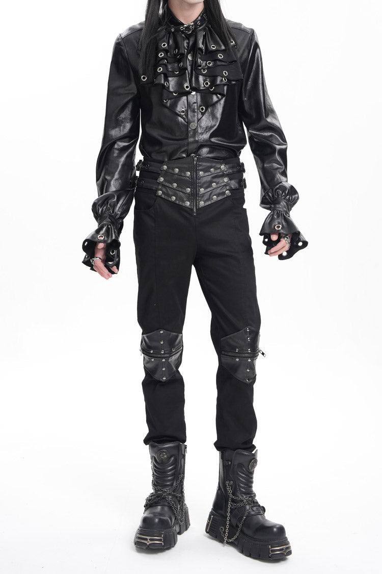 Black Stitching Buckle-up Studs Men's Gothic Pants - Product - 11