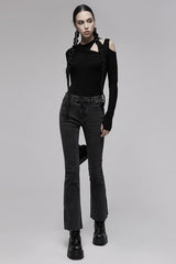 Black Tight Elastic Distressed Denim Asymmetrical Placket Medium Waist Women's Punk Flared Pants - Product - 4