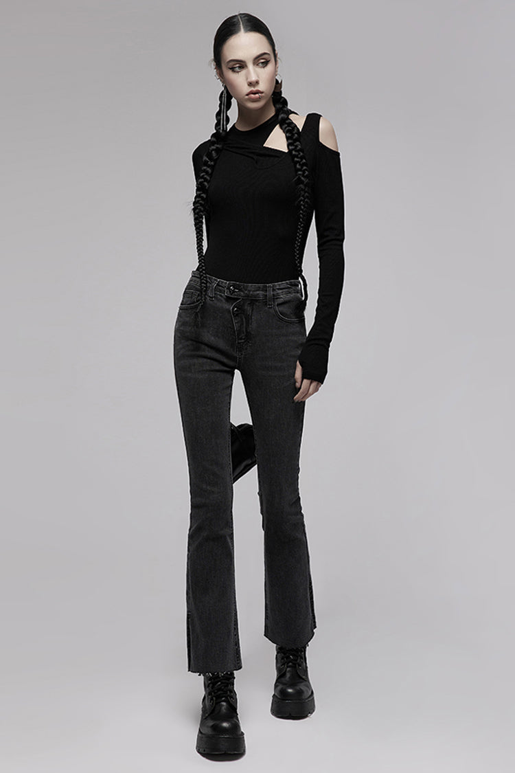 Black Tight Elastic Distressed Denim Asymmetrical Placket Medium Waist Women's Punk Flared Pants - Product - 4