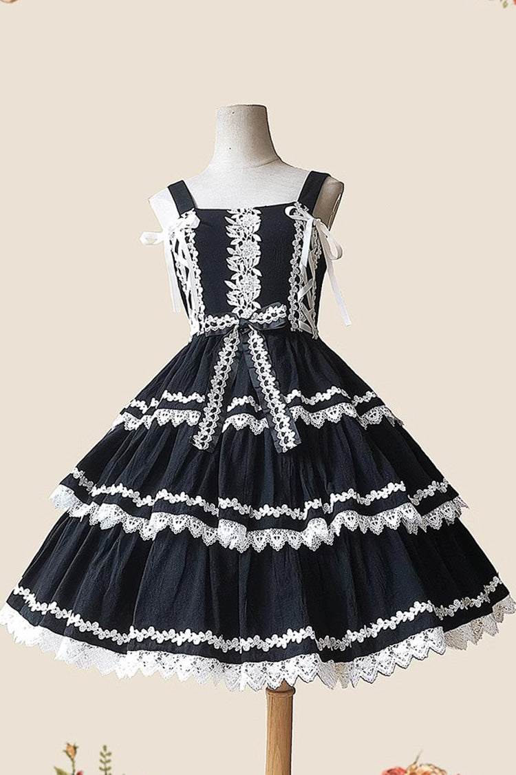 Black/White Three-section Cake Sleeveless Ribbon Sweet Lolita Tiered Dress - Black/White - 1