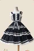 Black/White Three-section Cake Sleeveless Ribbon Sweet Tiered (Dress Only) front view