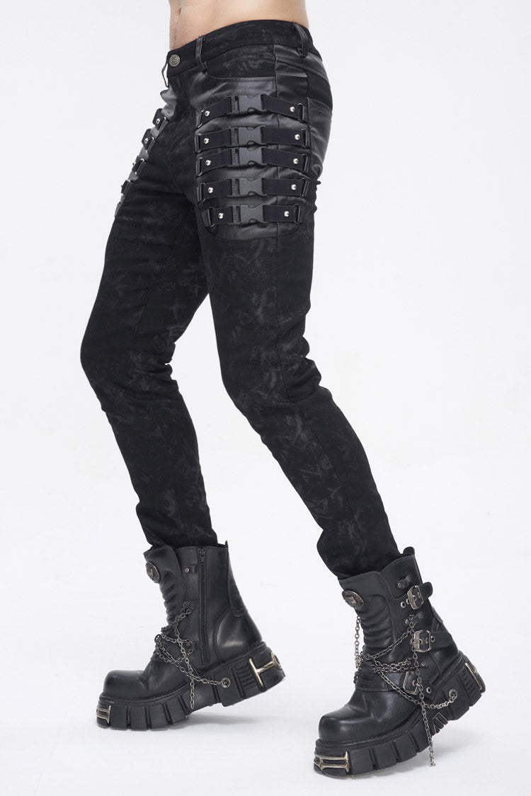 Black Multi Buckle Distressed  Print Men's Punk Pants - Product - 4