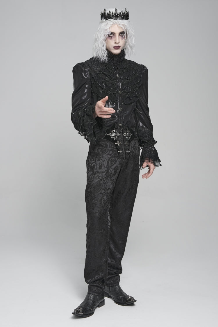 Black Printed Lace-Up Buckled Zippered Men's Gothic Pants - Black - 1