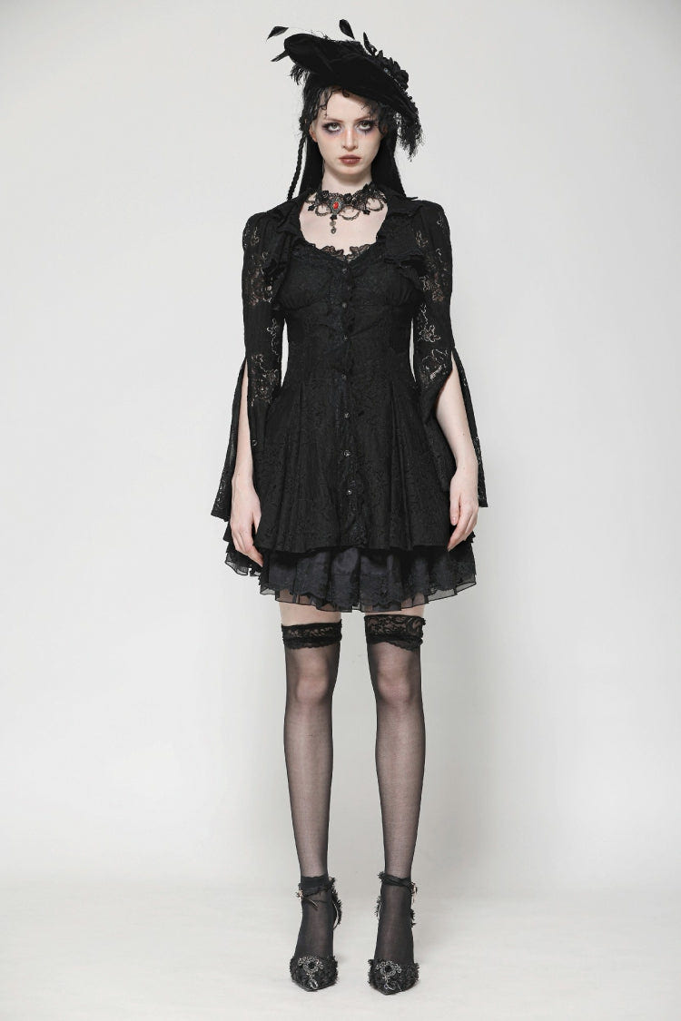 Black Long Trumpet Sleeves Embroidered Lace Lace-Up Women's Gothic Honeymoon Dress - Product - 5