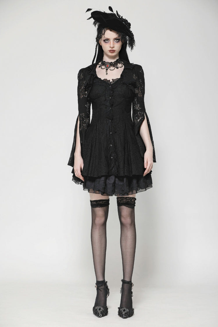 Black Long Trumpet Sleeves Embroidered Lace Lace-Up Women's Gothic Honeymoon Dress - Product - 5