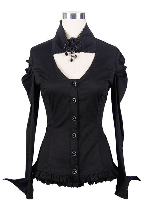 Black Vintage High Collar Elastic Slim Womens Gothic Blouse - Product - 5