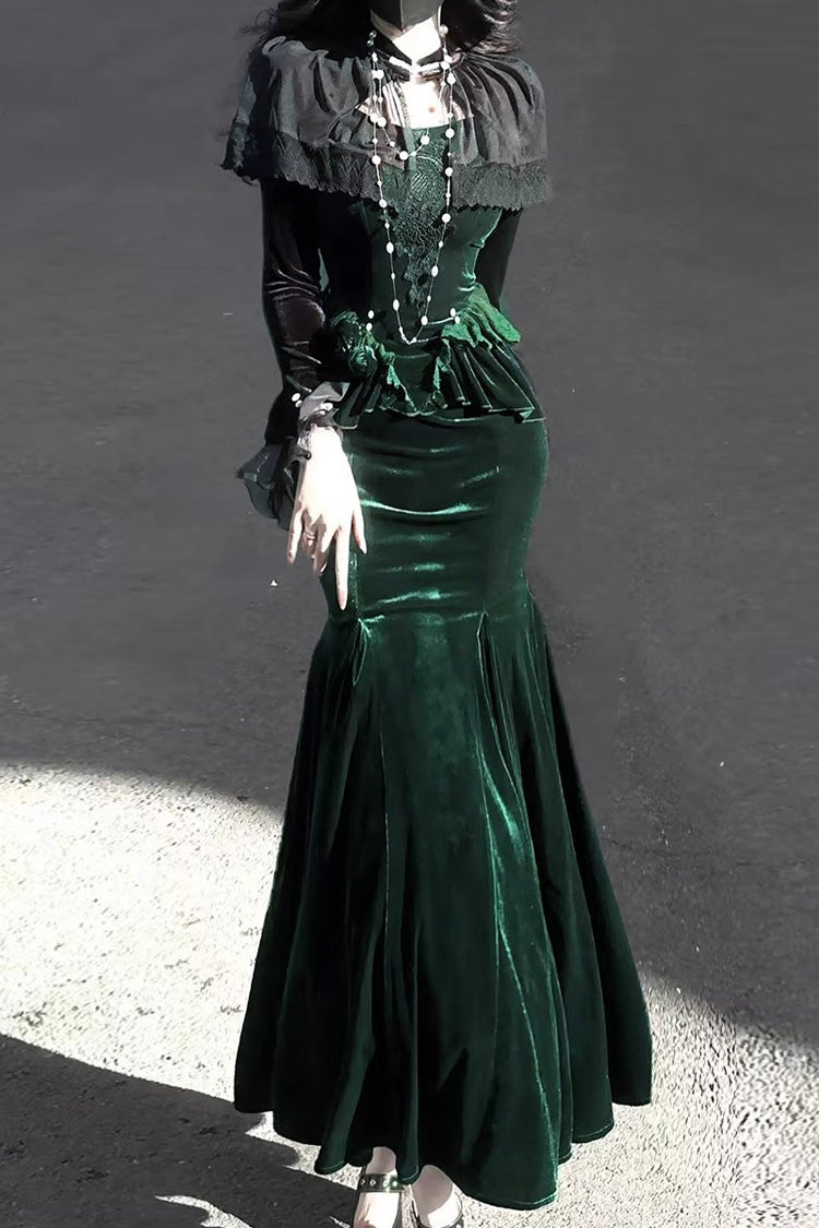 Green [Dark Forest] Ruffle Embroidery Slim Elegant Lolita Jsk Fishtail Dress - Product - 3