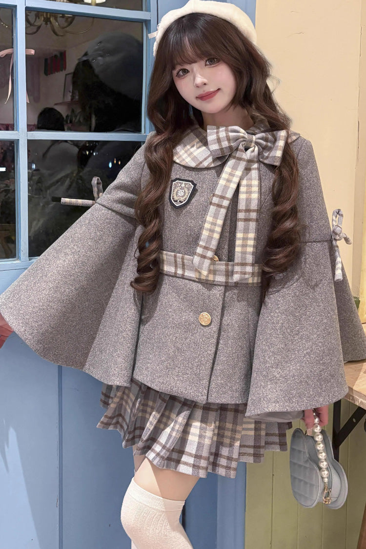 [Chestnut Sea Salt] Long Trumpet Sleeves Print Ruffle Bowknot Sweet Elegant Lolita Skirt Coat 2 Colors - Product - 9