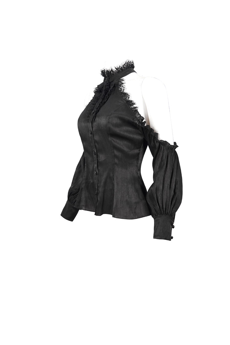 Black Lantern Sleeves Off The Shoulder Halter Lace Ruffled Women's Gothic Shirt - Product - 6