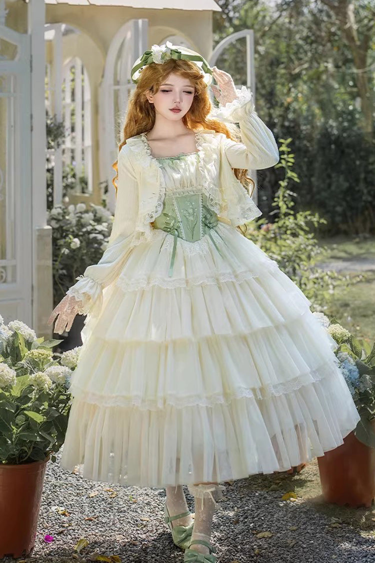 Green [Letters & Poems · Whisper of Lily of the Valley] Square Collar Multi-Layered Ruffled Embroidered Fishbone Sweet Lolita Jsk Dress 2 Versions - Product - 18