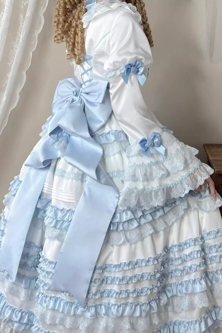 White/Blue [Layered Sea Salt Ice] Short Sleeves Ruffle Bowknot Lace Sweet Lolita Dress - Product - 6