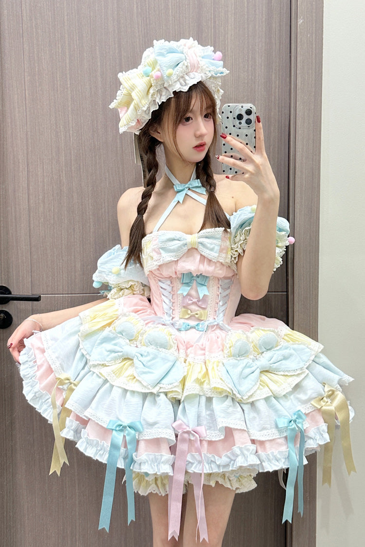 Multi-Color [Ribbon Dance] Multi-Layered Ruffle Bowknot Lace-Up Sweet Princess Lolita Dress - Multi-Color - 1