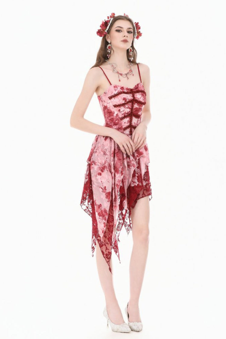 Red/White Multi-Layered Asymmetric Tie-dyed Women's Gothic Slip Dress - Product - 10