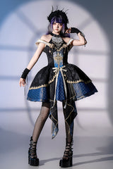 Black/Blue [Universe] Off Shoulder Halterneck Sleeveless Print Embroidery Cardigan Gothic Princess Lolita Dress - Black/Blue - 1