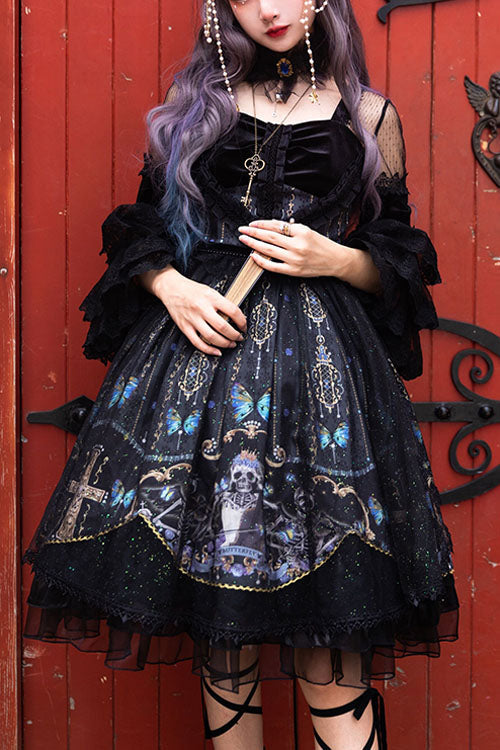 Black Square Collar Cemetery Butterfly Skull Print Lace Lantern Sleeves Multi-Layer Ruffled Gothic Lolita OP Dress - Black - 1