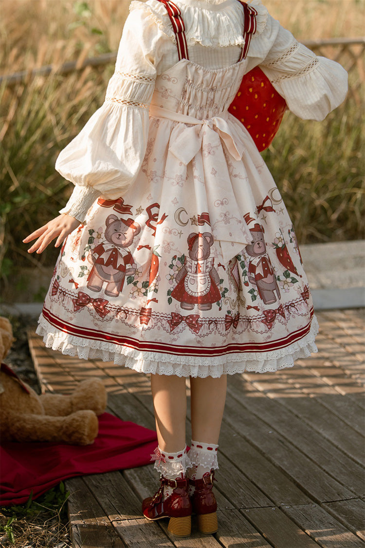 Ivory/Red Strawberry Bear Print Ruffle Bowknot Sweet Princess Lolita Jsk Dress - Product - 9