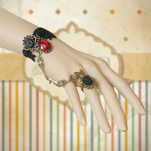 Black Vampire Retro Fashion Handmade Lace Ruby Female Party Gothic Lolita Ring Bracelet - Product - 4