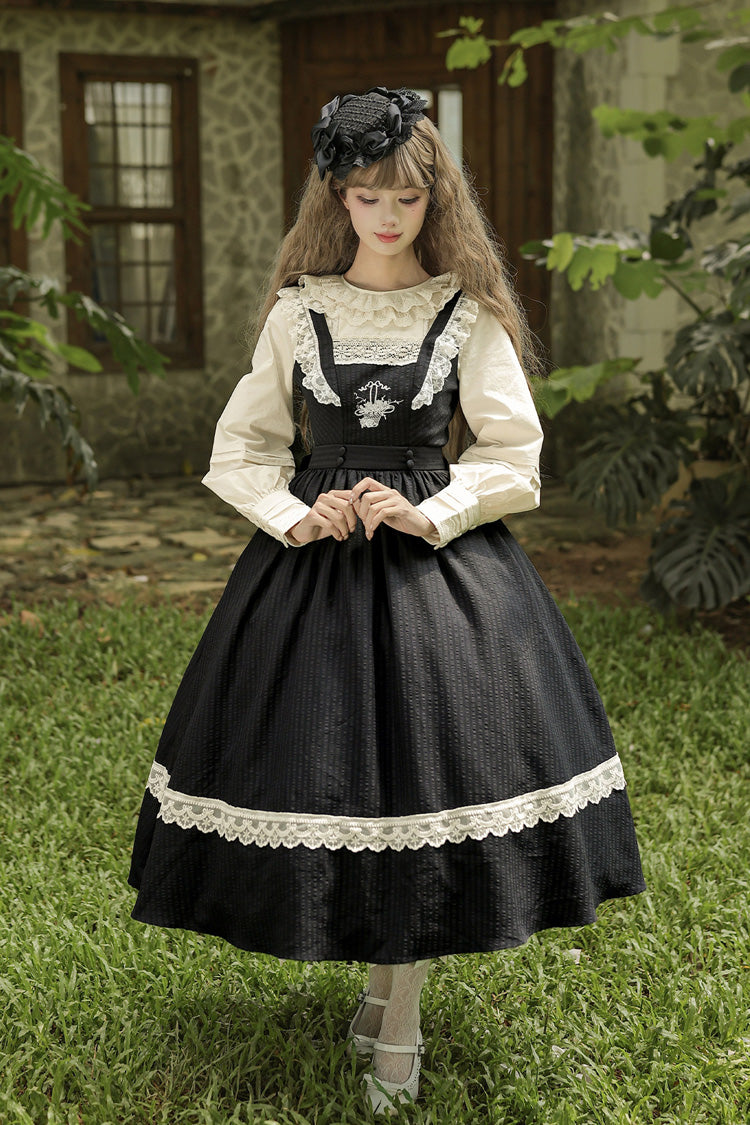 [The Oak Tree in the Wind] Square Collar Sleeveless Jacquard Embroidered Lace Classic Elegant Lolita Jsk Dress 2 Colors (Black, Green) - Product - 3