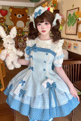 Blue [Glass Bottle] Square Collar Sleeveless Triple-Layered Printed Ruffled Bow Asymmetric Sweet Lolita Jsk Dress - Blue - 1