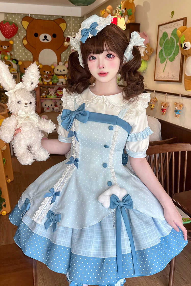 Blue [Glass Bottle] Square Collar Sleeveless Triple-Layered Printed Ruffled Bow Asymmetric Sweet Lolita Jsk Dress - Blue - 1