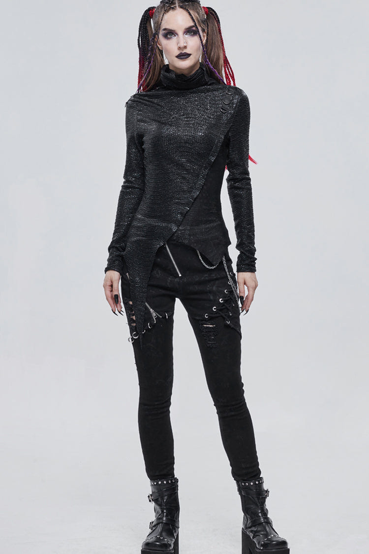 Black Punk High Neck Compressed Stretch Fabric Irregular Pointed Hem Pleated Women's Shirt - Product - 5