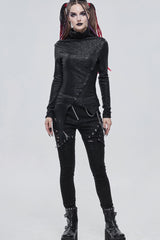 Black Punk High Neck Compressed Stretch Fabric Irregular Pointed Hem Pleated Women's Shirt - Product - 5