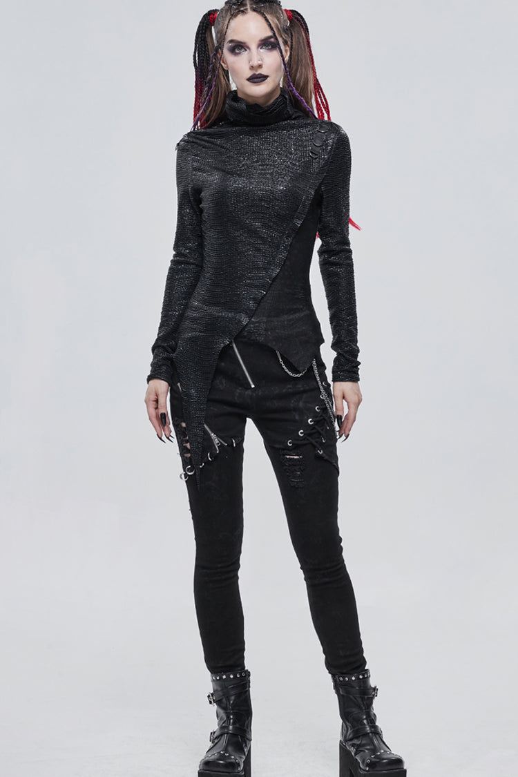 Black Punk High Neck Compressed Stretch Fabric Irregular Pointed Hem Pleated Women's Shirt - Product - 5