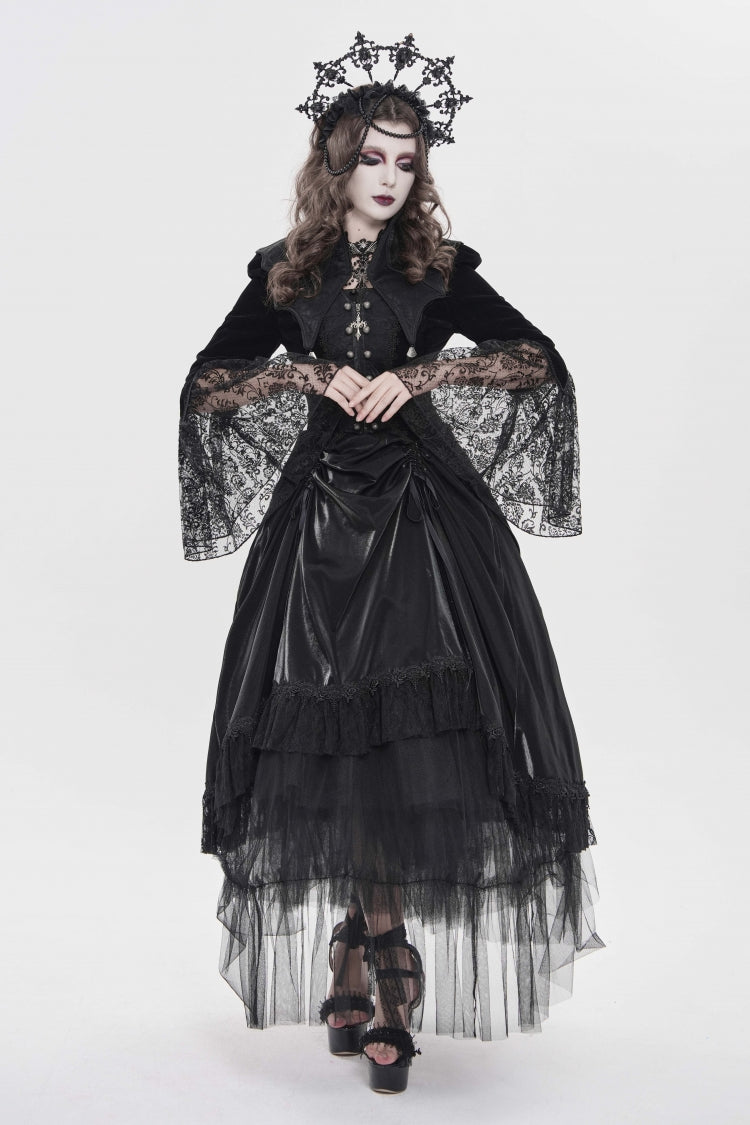 Black Long Trumpet Sleeves Embroidered Lace Slim Zippered Women's Gothic Bat Wing Collar Double-breasted Zip Jacket - Product - 5