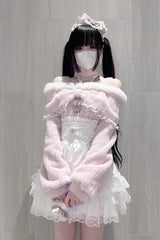 Jirai Kei Off Shoulder Long Sleeves Lace Sweet Japanese Fleece-Lined Top 3 Colors - Product - 8