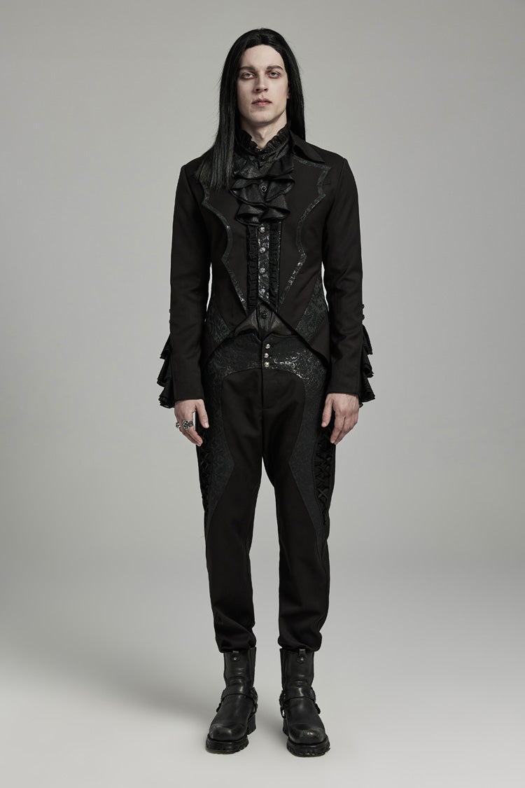 Black Bat Collar Ruffle Men's Swallow-tailed Gothic Coat - Product - 4
