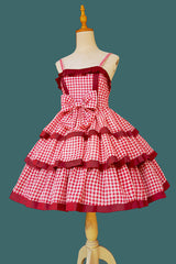 Red [Cloth Cat] Triple-Layered Plaid Print Ruffle Bowknot Sweet Lolita Dress - Product - 9