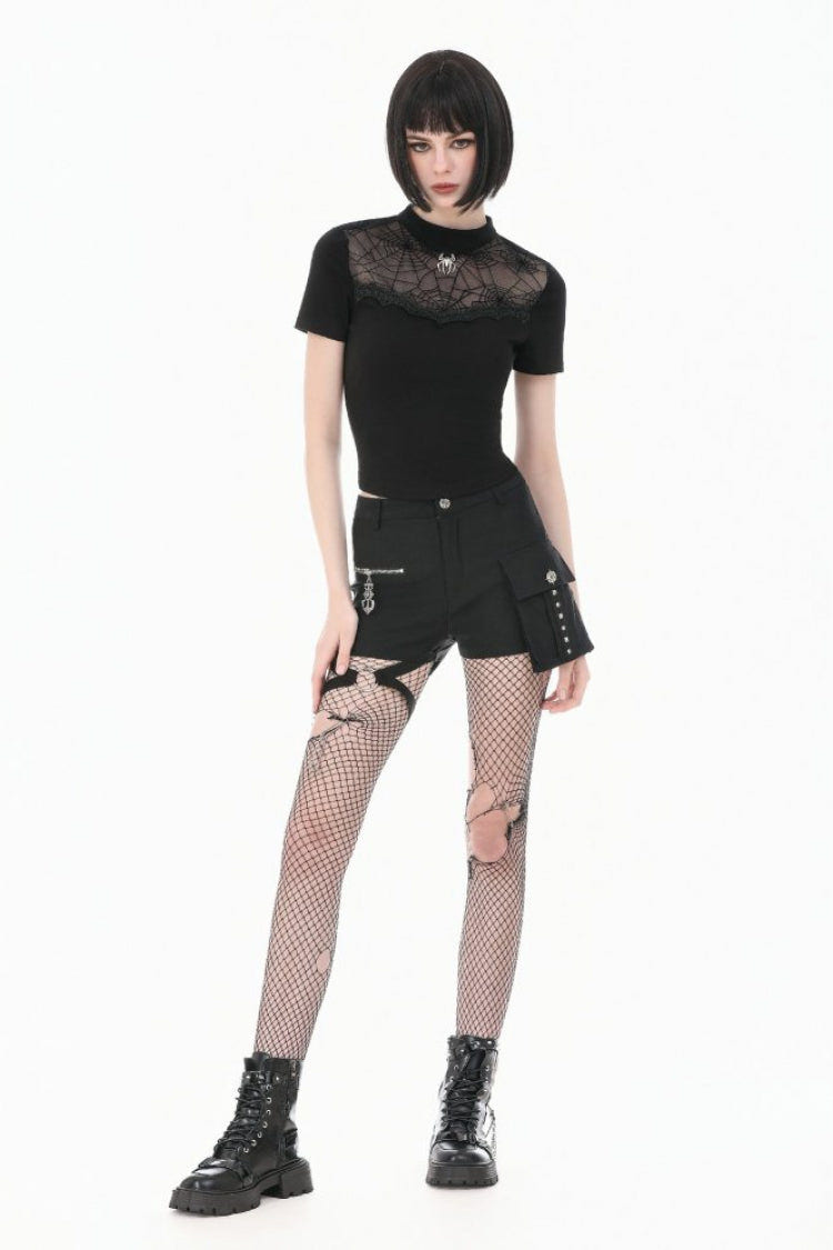 Black Short Sleeves Cut-Out Spider Cobweb Sheer Mesh Women's Gothic Top - Product - 10